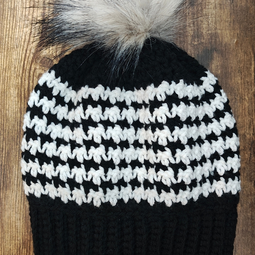 Black and White Knit Beanie with Pom Pom